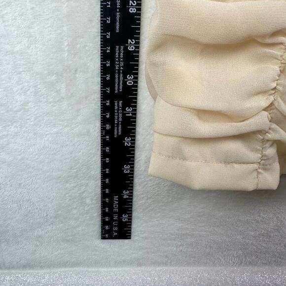 Cream Ruched Long Sleeve Mini Prom Dress Sheer Sleeves Square Neck‎ Bodycon Sz S - Picture 12 of 16